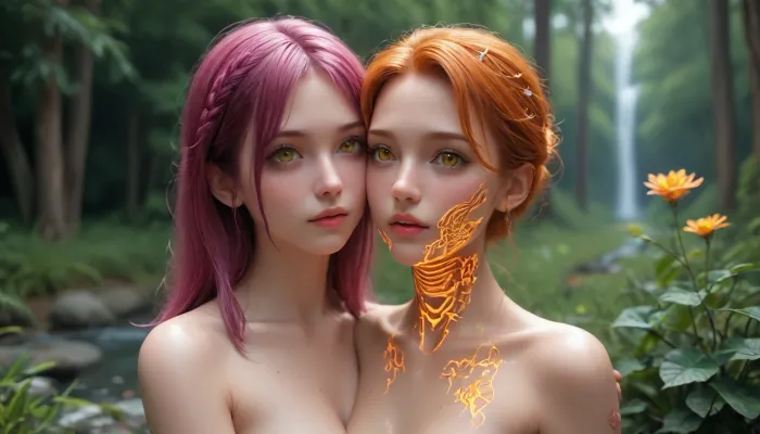 perfectly beautiful naked athletic girl inhabits the UV-reactive crystalline landscape. She features a sleek, translucent body with internal skeletal structures that glow with neon cyan and violet light, mirroring the energy of the crystals around it. Her skin is adorned with intricate UV-reactive patterns in hot magenta and fluorescent orange, providing her with a natural camouflage among the neon flora. With her large, glowing amber eyes and perfect body, she is a fascinating addition to this otherworldly dimension. I hope you find it as captivating as the landscape itself.