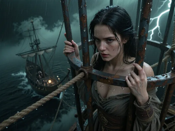 Fantasy setting, ultra-photorealistic CGI render with subtle natural imperfections, saturated ultra-dark gray color palette, technically underexposed by three stops, almost the entire image dissolving into deep black darkness, filled with dense swirling dark green mist, smoke, rain and airborne dust, the atmosphere so thick that almost no light penetrates the suffocating haze. Ultra-photorealistic cinematic still, extreme bird's-eye perspective, the camera positioned directly beside the suspended iron cage at the same height as the prisoner, looking almost straight downward.

The imprisoned noblewoman is the absolute focal point, rendered with extraordinary hyperrealistic detail. Every facial feature is razor sharp, expressive eyes, individual eyelashes, realistic skin pores, subtle freckles, tiny water droplets clinging to her skin, wet strands of hair individually visible, tangled black hair blown violently across her face, highly detailed fingers gripping the cold iron bars, realistic fingernails, lifelike skin texture, soaked weathered fabric clinging naturally to her body with visible woven fibers, folds, stitching, dirt, rainwater, salt stains and worn textures. Every iron bar of the cage shows intricate rust, scratches, dents, oxidized metal, chipped paint and accumulated moisture. Every raindrop, every water bead and every reflection is rendered with microscopic realism.

The iron cage hangs from an impossibly long rope suspended hundreds of feet above the pirate ship, creating an overwhelming sense of vertigo. The endless rope disappears into darkness below. Beneath the cage, everything rapidly dissolves into atmospheric perspective, heavy fog, rain and depth blur. The pirate ship appears only as a tiny distant silhouette far below, the pirate crew reduced to barely visible miniature figures swallowed by haze, sea spray and faint lantern light. The mast tops barely reach halfway toward the cage. Violent storm clouds surround the entire scene while rain streaks cut across the image and occasional lightning briefly reveals the enormous empty vertical space between the suspended cage and the distant ship.

Extremely shallow depth of field centered exclusively on the prisoner and the iron cage, foreground rendered with maximum photorealistic detail, background fading progressively into soft atmospheric blur, immense negative space, overwhelming isolation, impossible height, cinematic scale, hyperrealistic textures, masterpiece quality, ultra-high detail.
