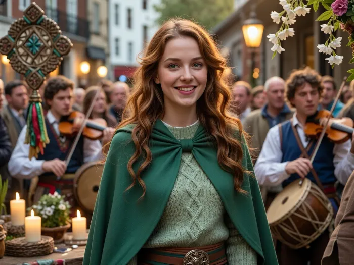A young Irish woman with long, wavy auburn-brown hair, bright green eyes, fair skin, and a broad, sincere smile stands in the center of the frame in a close-up. She is wearing a thick light-green sweater with a large diamond-shaped Aran pattern, topped with a bright emerald-green cape and a brown leather belt with a large round Celtic buckle. She looks directly into the camera, radiating joy. The background is a bustling evening street in an Irish city, in the background, a pair of young musicians in vests, holding violins and bodhráns. Festive details, glowing candles, a woven St. Brigid’s cross, and hanging flowers. The warm, golden light of streetlamps, bokeh, and a festive crowd of people. The atmosphere of authentic Irish revelry, a street festival in honor of St. Brigid’s Day, a folk session, joy, music, candles, and flowers. Photorealism, cinematic lighting, ultra-detailed, masterpiece