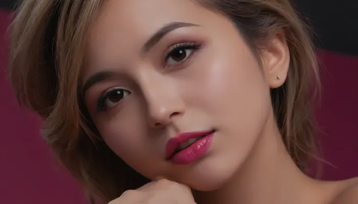 ((glowing subtle magenta and black background:1.4)), ((3/4 view)), of a, ((dainty:2)), naked 28 year old East Asian/Latina woman with a playful and provocative expression and natural, ((teardrop breasts)), . face has over-bite. Her dyed blonde hair, with strands clinging to her face. She has, ((large almond-shaped, expressive eyes)), with, ((long eyelashes)), soft eyebrows, and slightly parted lips. She is totally naked. detailed, style, photo, of, a, sks, kawaii, douyin, makeup, highborn, pure, lust, golden, smoke, see, the, description, <lora:KawaiiMakeupXLv2:1.7>, <lora:makeup_master_base_sdxl_v1:1.3>, woman, laying, on, stomach, <lora:woman_laying_on_stomach_xl_lora_reg-000027:.8>