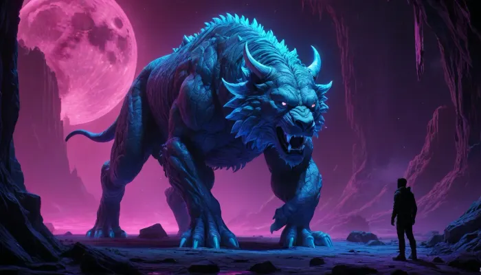 The tension is palpable as the neon-etched Chrono-Navigator stands his ground against the glowing, crystalline beast. The entire scene is bathed in that signature UV blacklight, highlighting the intricate patterns and the atmospheric haze of this fractured dimension. It's a true collision of the story's key elements.