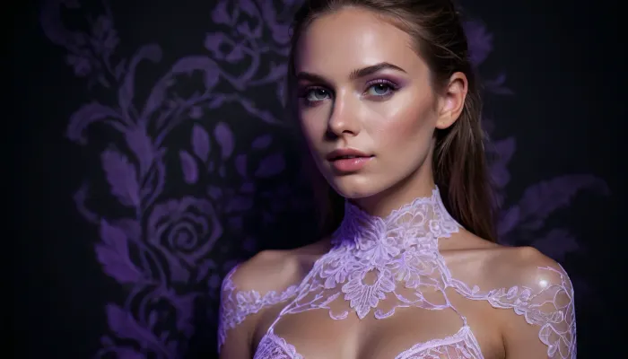 Fashion editorial photograph of a beautiful face and fit naked body rave girl in intricate lace under ultraviolet blacklight in a pitch-black studio. The lace fabric is UV-reactive, glowing in bright fluorescent white and soft violet as the intricate floral lace pattern catches the blacklight — every thread and scalloped edge illuminated with a soft neon bloom against total darkness. Subtle glowing accents on skin from UV-reactive body shimmer adding a soft ethereal glow without overpowering the fabric detail. Pose elegant and confident, pornstar castings