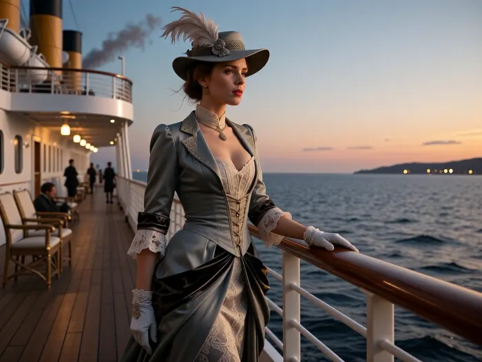 A cinematic photorealistic scene set in 1912, at the final twilight of the Belle Époque. A young busty woman stands alone on the promenade deck of a grand transatlantic luxury ocean liner shortly before departure or during the first evening at sea, surrounded by the elegance and quiet optimism of an age that does not yet know how completely the world is about to change.

She is the clear focal point of the image, shown in a graceful three-quarter or full-body composition near the ship’s railing. She wears an exquisitely detailed early-1910s traveling ensemble, a sophisticated long dress with a refined corseted silhouette, elegant tailored layers, silk and velvet accents, delicate lace, gloves, and a magnificent period hat decorated with tasteful feathers. Her clothing suggests wealth and refinement while remaining historically convincing and natural.

One gloved hand rests lightly on the polished wooden railing while she looks toward the distant horizon. Her expression carries melancholy and hope in equal measure, thoughtful and quietly expectant, as though she is leaving behind a familiar world and sailing toward something unknown. A gentle sea breeze moves the fabric of her dress, the feathers of her hat, and a few loose strands of hair.

Around her, the grand ocean liner conveys the luxurious confidence of the final Belle Époque, polished teak decks, white-painted steel structures, brass fittings, elegant deck chairs, lifeboats suspended above the promenade, tall funnels releasing a subtle trail of smoke, and warm lamps beginning to glow as evening approaches. Other elegantly dressed passengers appear only as soft distant figures, leaving the heroine with a sense of private solitude amid the grandeur.

The sky is caught between sunset and twilight, with warm golden and rose-colored light fading into cool blue over the open Atlantic. The sea reflects the last light of day, while the ship’s lamps create small pools of warmth around her. A distant harbor or coastline may be barely visible behind the ship, suggesting the world she has left behind.

The image should evoke departure, possibility, luxury, nostalgia, and gentle foreboding without depicting disaster. The young woman represents a generation standing unknowingly at the threshold between the Belle Époque and the modern world, elegant, hopeful, and surrounded by the final glow of an age about to disappear.

highly detailed, photorealistic, cinematic realism, authentic 1912 atmosphere, historically convincing early 1910s fashion, realistic skin texture, lifelike eyes, subtle emotional expression, natural sea breeze, warm sunset light, soft shipboard lamplight, atmospheric depth, elegant composition, visual storytelling, refined luxury, gentle melancholy, competition-quality image
