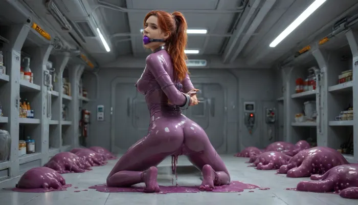 masterpiece, 4k, 1 slim babe, medium breast size, German athletic girl with muscular legs and ass, kneeling, in spaceship, (standing in spaceship over slime bowl, purple ball gagged:1.2), red hair, grey eyes, (hands tied behind her back with metal cuffs:1.5), bdsm, view from rear, legs spread, looking back at viewer, submissive, long hair, nipple piercing, (muscular slim body:1.2), tight big silver choker around her neck, tears, (body oiled up:1.3), (shiny oiled body:1.3), body oil, standing, (pearlescent silver purple transparent bodysuit, brassiere, dense durable transparent silicone shapewear bodysuit, glossy purple transparent latex stockings and garter belt), viewed from rear, ((octopus tentacle monsters), tentacle dick, (anal)), Read, instruction, for, the, complete, features, Tentacle, nest, Slimy, swamps, giant, slime, mushrooms, soft, tentacle, sex, Slime, scene, prisoned, in, experimental, glass, tube, Love, tentacles, opening, anus, vagina, spreading, pussy, sucking, a, blowjob, Massive, penetration, Icy, blue, thick, penis-shaped, penis, shaped, hair, queen, of, Sparta, Futuristic, powered, outfits, tribal, body, paintings, tanned, glossy, skin, covered, with, colored, and, dark, mud, Cum, drip, floods, from, her, mouth, ears, massive, cum, flood, on, floor, Sticky, liquid, dripping, suspended, above, ground, by, ropes, top-down, bottom-up, Pleased, Surprised, breathless, Flirty, Closeup, Depth, field, bottom, view, belly, under, Shiny, Darkness, View, ass, behind, futuristic, l4b0r4t0ry, great, lighting, 4ng3l, face, <lora:Tentacles_RELOADED:1>, <lora:futuristic_l4b0r4t0ry:.8>, <lora:great_lighting:.8>, <lora:SDXL_BetterFaces-LoRA_v1:.8>, focus pussy