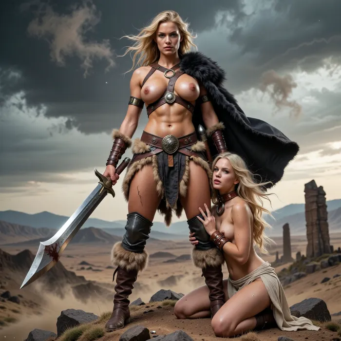 A fierce female barbarian warrior in her mid-twenties stands triumphantly on top of a small windswept hill in a barren rocky wilderness, as if she stepped directly out of a gritty 1980s fantasy film poster. She is busty tall, powerfully athletic and visibly strong, with broad shoulders, muscular arms, sun-weathered fair skin, and long wild blonde hair blowing in the wind. Her breasts are naturally large and firm. Her face is striking and battle-hardened, with intense blue-gray eyes, sweat, and a few small scars.

She wears rugged skimpy barbarian gear made from worn leather, fur, rough cloth, bronze fittings, and practical armor, a weathered leather harness reinforced with metal plates, a heavy fur-trimmed belt, leather bracers, knee high battle-worn boots, and a dark fur cloak hanging from one shoulder. Her clothing is revealing, functional, primitive, and battle-ready rather than glamorous or realistic.

She holds a massive broad-bladed barbarian sword planted beside her or gripped in one hand, the blade scratched and stained from battle. At her side, the princess she has just rescued kneels beside her and clings tightly to one of her legs in the style of classic 1980s fantasy posters and painted fantasy cover art. The princess is beautiful, noble, and vulnerable, with long flowing hair and a minimal and thin but slightly torn harem gown, around her neck is a thick rusty iron slave collar with a rusty iron ring in the front, around her wrists are a set of rusty iron wrist shackles, looking up at the barbarian with relief, admiration, and dependence. The contrast between the savage warrior and the delicate platinum blonde princess is dramatic and romantic in an old-school fantasy art way.

The scene takes place on the crest of a small hill overlooking the same desolate landscape, jagged rocks, dusty ground, distant mountains, and scattered ancient ruined stone pillars beneath a dramatic stormy sky. Dust blows in the wind, and the atmosphere is primal, mythic, lonely, and heroic.

Authentic early-1980s sword-and-sorcery fantasy poster aesthetic, old-school fantasy art composition, practical costumes, real physical presence, cinematic 35mm film look, subtle film grain, painted-poster energy, dramatic lighting, epic composition, muted earth tones, strong contrast, grounded realism, highly detailed, classic fantasy cover art mood, no modern glossy CGI look.