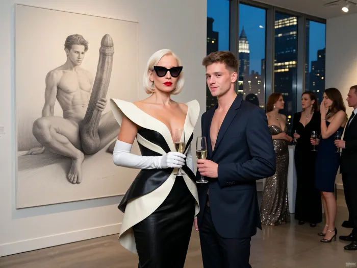 Ultra realistic masterpiece photography. Elegant contemporary art gallery in Manhattan, New York City. Floor-to-ceiling windows reveal the illuminated evening skyline. Sophisticated minimalist architecture, polished concrete floors, museum-quality lighting, luxurious evening vernissage. Fashionable wealthy women from New York high society, diverse and elegantly styled. A celebrated contemporary female artist, 42 years old, wearing an architectural avant-garde haute couture outfit in sculptural black and ivory, oversized geometric sunglasses, immaculate white opera gloves, platinum blonde bob, bold red lipstick. She stands confidently with one arm around her shy young male model, both casually holding identical elegant champagne flutes. The young man, 24 years old, handsome, athletic, but humble, wears a slightly oversized dark suit that fits imperfectly, gentle smile, modest posture, unaware of the attention he draws. Behind them hangs an enormous, museum-quality graphite pencil drawing showing the same young man from knees to head, with an extremely detailed, highly extraordinary, enormously long penis, breathtakingly detailed black and white, exquisite shading, rich graphite texture, clearly recognizable as the same person standing beside it. The surrounding women exchange amused, fascinated glances, several discreetly covering their mouths while whispering with playful admiration, smiling at the humorous contrast between the breathtaking artwork and the modest young man quietly standing beside it. The artist watches the reactions with quiet satisfaction, while her model remains innocently oblivious. Cinematic storytelling, soft gallery lighting mixed with cool blue evening light, natural skin textures, ultra detailed, photorealistic