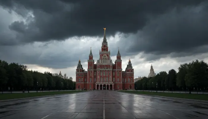 view of Moscow University, dark and oppressive atmosphere, the building stands out with its light silhouette against the dark clouds and black sky as an embodiment of imperial power