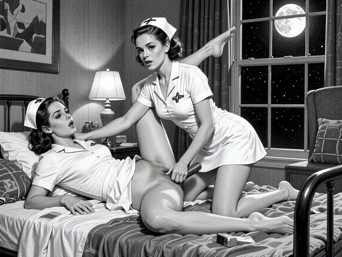 This is a detailed monochromatic pencil drawing in a classical illustrative style depicts a scene set in the living room of an American house from the 1950s. extremely stylized background, BDSM, 2 lesbian nurse
---------------------------------------------------------------------------------------
In a full view picture a 2 lesbian nurse, nurse is fucked doggystyle by a brunette lesbian strap on strapon on a messy hospital bed. Vaginal sex, The nurse is wearing a mini-dress white nurse uniform, very short, it is possible to see her shaved pussy, it is night at the only light in the room is bright moonlight coming from one large window, uniform.
---------------------------------------------------------------------------------------
The overall style is a black and white pencil drawing, capturing a candid moment. The scene has a formal, organized atmosphere. The overall mood is intense, rendered in fine, expressive line work and subtle shading, evoking the style of 1950s satirical or moralistic illustrations.