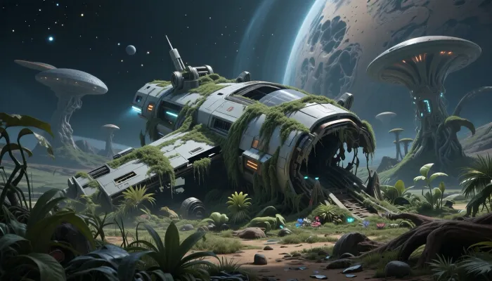 wreck of a spaceship, the wreck is covered with vegetation, alien planet, fantastic vegetation, fantasy world, sci-fi