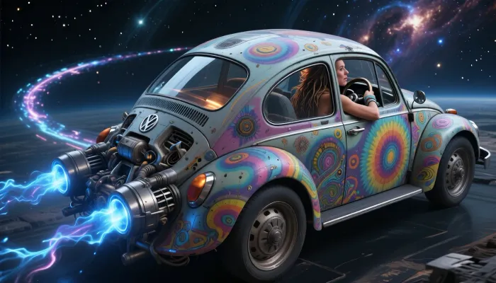 Masterpiece, ultra realistic cinematic science fiction photography, breathtaking deep space realism. The entire, beautifully restored 1973 Volkswagen Beetle is fully visible within the frame, never cropped by the image borders. Its iconic silhouette is instantly recognizable while transformed into an extraordinary interstellar spacecraft. The body is covered in colorful hand-painted hippie artwork, while heavy armor and exposed mechanics integrate seamlessly. Powerful rear twin ion engines continuously expel brilliant blue plasma, leaving a long, gently curved luminous trail that reveals its recent path and conveys speed and acceleration. Deep inside the enclosed cockpit, visible only through the panoramic armored windshield, sits the pilot. an exceptionally beautiful 33-year-old hippie woman, she isfully inside the vehicle, closed windows, Her face is rendered with delicate detail. Her face is rendered with delicate realism, balanced features, high cheekbones, Her dreadlocks drift in microgravity. One hand rests on the steering wheel, warm cockpit light on her skin, epic nebulae beyond. Hyper realistic lighting, HDR, IMAX-quality realism.