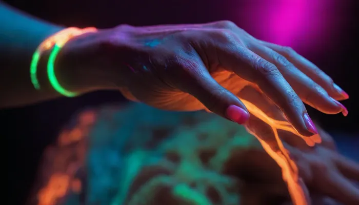 Extreme close-up, hyper-neon blacklight photography. Kael's glowing cyan-orange hand reaches toward Vesh's magenta-green hand, fingertips almost touching, both haloed in searing UV brightness. Behind Kael's arm, the faint violet-amber outline of Kael-Echo repeats the same gesture, slightly delayed. Sparks of light pigment drift between the two hands like embers. Macro detail on skin texture and glowing paint, single dramatic UV light source, shallow depth of field, saturated to the edge of overexposure.