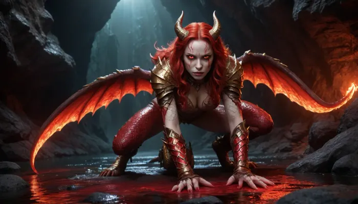 4K Photo, high quality, high Contras, ultra Detailed, fantasy, demon girl, red and white scales, gold horns and claws, red hair, glowing red eyes, perfect eyes, on all fours, in a dark cave with red glowing lava, detailed scales, shiny texture, intricate gold armor, large giant big breasts, very long hard Nippes, tail with red and gold scales, seductive expression, Long Sharp claws on the ground, reflective water on the cave floor, high contrast lighting, detailed background, glowing red light, dramatic shadows, fantasy creature, high detail, fantasy art style, dark and moody atmosphere, detailed scales and armor, red and gold color scheme, fantasy setting, otherworldly, high quality digital art, glowing eyes, long hair, Sharp claws, detailed Perfect Skin, Perfect body