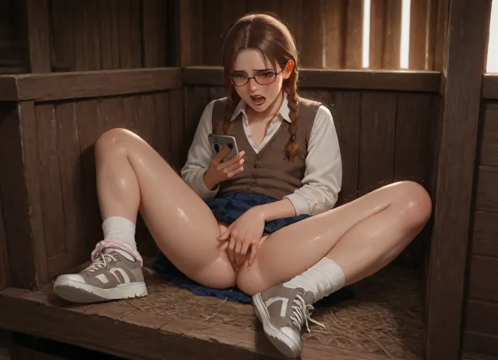 photorealistic, high quality, woman, (brown braids), freckles, glasses, flat chest, (plump:1.1), dirty, (vest, buttoned shirt, skirt, socks, sneakers), (underwear pulled down:1), (panties on left leg), (in barn), masturbating, looking at phone, (dripping juices), screaming, orgasm, legs spread wide, (full body), (trembling)