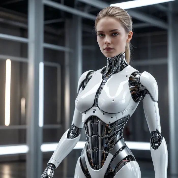A sophisticated female android with an elegant design, featuring a mix of polished white ceramic and brushed silver plating. Glowing fiber-optic lines integrated into the chassis, detailed robotic joints, calm and steady expression, cinematic laboratory background, soft volumetric lighting, 8k resolution, highly detailed digital art.