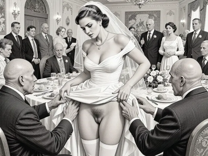 This is is a detailed monochromatic pencil drawing in a classical illustrative style depicts a scene set in USSR, in 1950s, a striking busty bride in a white dress, ((2 ugly bald old men roughly pawing her labia with their fingers)), 2 ugly bald old men mocking, on a festive table during the wedding banquet, She lifts the hem of her wedding dress with her hands, hairy pussy, her white stockings are visible, family and parents are watching in their best clothes, a large banquet hall, They celebrate the wedding without noticing the bride, The overall mood is intense, rendered in fine, expressive line work and subtle shading, evoking the style of 1950s satirical or moralistic illustrations.
