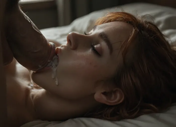 (close-up cum from curved cock on oprn asshole), lying on back on bed, natural movement, side view, insanely hot natural face, freckles pale skin, full sensual lips full of white thick cum, open mouth for cum load, ((vainy curved cock cum dripping on their mouth)), closed eyes, redhead longe bangs haircut, lwaup, lying, oneaup, with, one, arm, up, botaup, both, arms, onestr, stretched, botstr, 30 years old, ashlynn_spektre_xl, <lora:LyingWithArmUp.1.0:1.4>, <lora:()Ashlynn Spektre XL:1.3>, <lora:CinematicStyle_v1:.8>, <lora:dark:.8>, <lora:detailed_notrigger:.8>
