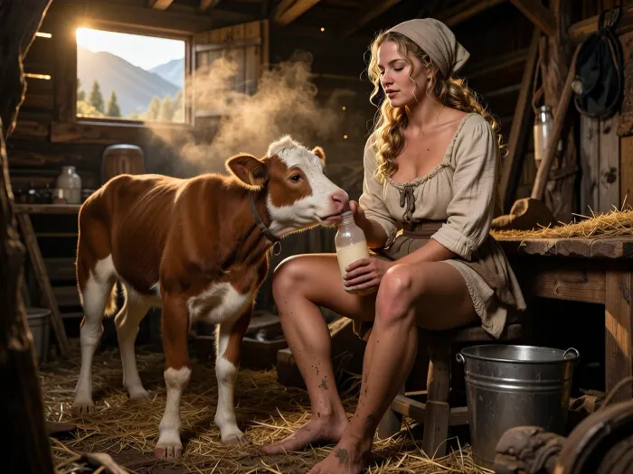 Masterpiece, ultra realistic cinematic editorial photography, ultra low-key deep golden sunrise exposure, dramatically underexposed cinematic natural lighting, authentic sixteenth century alpine mountain farm atmosphere, opulent rich amber golden color grading, abundant warm golden saturation, deep richest blacks, powerful global contrast, crisp local contrast, intense dynamic range, radiant golden rim light tracing every silhouette, sculptural chiaroscuro shadows, dramatic directional backlighting, luminous volumetric sunlight streaming through a small weathered stable window, floating dust particles, soft smoke haze, breathtaking atmospheric depth, realistic light falloff, premium editorial color science, premium full-frame Canon photography, 35 millimeter cinematic lens, shallow depth of field, subtle analog film grain, award-winning photography, IMAX-quality realism, hyperrealistic skin with visible pores, natural skin imperfections, realistic subsurface scattering, razor-sharp expressive eyes, highly detailed facial anatomy, realistic eyelashes, ultra-detailed blonde curls escaping from beneath a worn linen headscarf, a naturally beautiful 28-year-old alpine farm maid with an athletic feminine physique, an entirely unpainted face, sun-kissed weathered skin, dusty cheeks, dirty hands and muddy bare feet, wearing authentic rough handwoven linen clothing of the sixteenth century consisting of a loose natural linen blouse with rolled sleeves and simple short linen undergarments suitable for stable work, seated on a rough handcrafted three-legged wooden stool inside a weathered alpine cowshed, her posture relaxed and protective as she lovingly feeds a powerful brown and white alpine calf with a thick traditional glass feeding bottle fitted with a soft rubber teat, a galvanized bucket filled with fresh milk resting beside her on the straw-covered floor, the calf appearing approximately two months old with broad shoulders, a deep chest, strong muscular legs, large hooves, dense slightly curly fur, bright moist eyes, oversized soft ears and a healthy robust body, its shoulder height reaching almost level with the young woman's shoulder while she is seated, creating completely believable anatomical proportions and a convincing sense of scale, she gazes down at the calf with unmistakable affection, gentle dimples forming as the corners of her mouth lift into a warm caring smile, her eyes filled with tenderness, quiet pride and deep inner happiness, surrounded by rough-hewn beams, soot-darkened timber walls, handmade wooden tools, hanging ropes, aged leather harnesses, scattered golden straw and distant alpine peaks glowing beyond the open stable doorway, every surface displaying extraordinary texture fidelity, physically accurate material rendering, timeless rural storytelling, emotional intimacy and museum-quality realism.