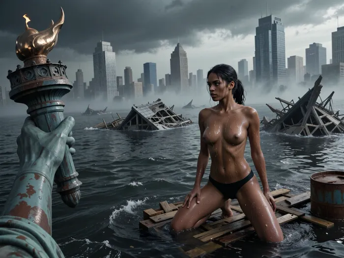 A post-apocalyptic, flooded New York, submerged beneath the water — only the upper floors of the skyscrapers are visible through the thick fog. A young dark-skinned woman with black hair tied back in a low ponytail is kneeling on a makeshift raft made of wooden planks and rusty barrels, her torso is completely bare, and she is wearing black knickers, her wet, glistening skin is covered in droplets of water, her gaze is fixed to the side, her face tense and focused, on the left of the frame, the Statue of Liberty’s enormous hand holds a torch with a golden flame, the hand is covered in green patina, with patches of exposed copper visible in places, dark water surrounds the scene on all sides, on its surface, the remains of skyscrapers destroyed by the elements are visible, the buildings submerged in the water, in the background, they are shrouded in thick fog, with heavy, dark-grey storm clouds overhead, cold, diffused lighting, photorealism, a high level of detail, a cinematic atmosphere of disaster