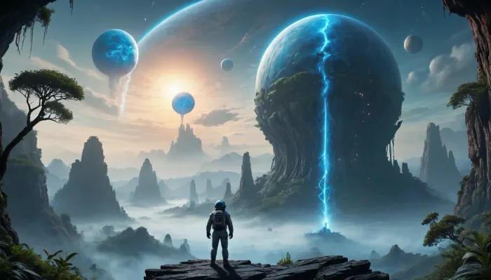 A lone astronaut stands on the edge of a towering cliff, gazing at an alien jungle filled with bioluminescent trees and floating islands. Strange creatures move in the mist, and a giant gas planet dominates the sky. A river of glowing blue liquid winds through the valley. Hyper-realistic, awe-inspiring, and atmospheric.