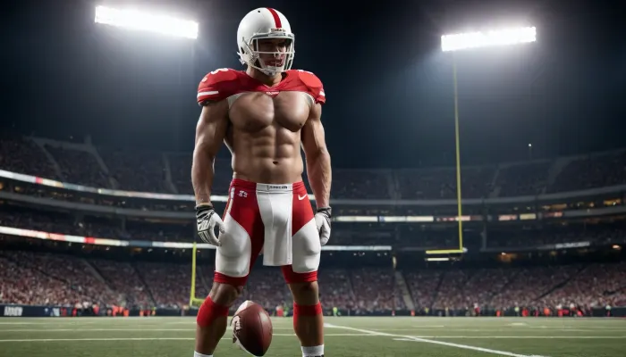 Natural geographic photo, Hyper-realistic, 16k resolution, (masterpiece, award winning artwork), Wide range of colors, high Dynamic. cinematic still . emotional, harmonious, vignette, highly detailed, high budget, bokeh. Soft cinematic one shot focus dark shadows, silhouette of a 30yo muscular ruggid large Hairy chested Latin American man, wearing very tight red and white american football outfit, shorts fabric realisticly streching around his large penis and the natural buldge wait hanging with gravity, black realistic hair, smooth clean edges providing defined edges of his defined large male anaotomy muscular bodybuilder figure with enormous hairy pecs, and large biceps, he stands in a relaxed position leaning back against a supporting structure such as a football goal post of an empty sports stadium in the darkness that surrounds him, his beautiful silhouette is lightly high lighted by a white glowing bokeh glow . his football helmet is thrown on the ground. low POV Vuiw Emphasizing his male pysique.