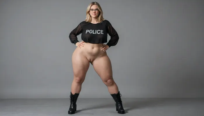 Milf, Large Cameltoe, Long legs, Front view, full body, long har, blonde hair, huge thighs, thick thighs, hyper thighs, massive ass, bottom heavy, hyper hips, transparent sweatshirt, no sleeves, naked, tactical black boots, librarian glasses, large cameltoe, detailed huge green eyes, natural face, fit body, european face, long legs, dimly lit, standing, sexy, smirk, police office background, front view, visible cameltoe, large arms, pale skin, soft face, breast, open vulva, big vulva, looking at viewer, no underwear, full naked, show pussy, show ca