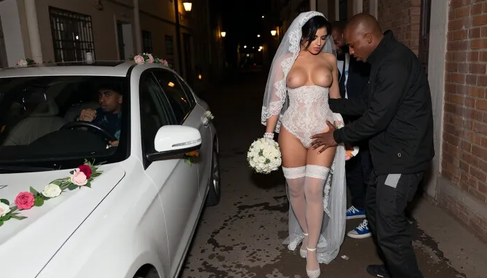 Extremely distant cinematic shot from far behind the flower-decorated white wedding car, looking down the long dark dirty alley at night, the shy embarrassed curvy Iranian bride looking down with flushed face, wearing an extremely tight and revealing hybrid wedding dress made of micro-bikini lingerie and bridal lace that barely covers anything, showing her thighs, sideboob and underboob clearly, white sheer stockings, white high-heeled shoes, long lace wedding veil, holding a bridal bouquet, several rough African black drug-dealer looking criminals thoroughly groping and molesting her body, the groom sitting inside the wedding car watching her with a pleased and aroused expression, tiny distant figures, extreme long shot, cinematic night lighting, humiliating cuckold atmosphere