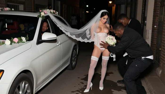 Extremely distant cinematic shot from far behind the flower-decorated white wedding car, looking down the long dark dirty alley at night, the shy embarrassed curvy Iranian bride looking down with flushed face, wearing an extremely tight and revealing hybrid wedding dress made of micro-bikini lingerie and bridal lace that barely covers anything, showing her thighs, sideboob and underboob clearly, white sheer stockings, white high-heeled shoes, long lace wedding veil, holding a bridal bouquet, several rough African black drug-dealer looking criminals thoroughly groping and molesting her body, only the groom sitting alone inside the wedding car watching her with a pleased and aroused expression, no one else in the car, tiny distant figures, extreme long shot, cinematic night lighting, humiliating cuckold atmosphere