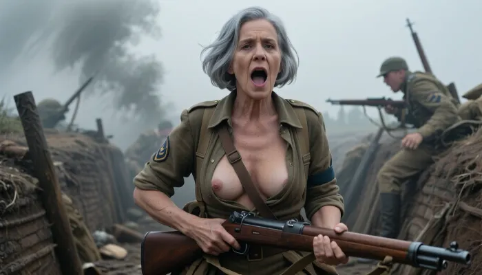 A full-body view at a distance of 4 meters, (An aged woman, 70 years old:1.8), . Her skin is that of a 70-year-old woman. The old lady has gray hair cut in a bob., (Small, long, and very saggy breasts:1.8), ((very detailed skin)), . Gray hair cut in a bob.Disheveled.Uber realistic, 8k, ultra detailed, action shot, masterpiece, Beautiful 1920s female dutch infantry soldier, storming out of the trenches, battle cry, leading the charge, holding a rifle, defiant look, open shirt, showing breasts, (heavy fog:1.5), detailed face, detailed hair, detailed body, detailed skin, natural skin tones, detailed breasts, High, Resolution, More, Details, 8K