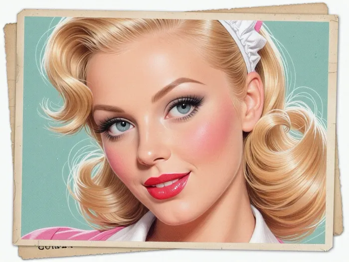 (greasepen art, grease pen on canvass, grease pen painting), (postcard, postcard art, old postcard, frayed postcard), (1960's style pinup housewife, bombshell babe, pinup girl, 1960's style poster, pastel colors), (huge doe eyes, pale blue eyes:4), (vivid cherry red lipstick, soft blush, soft flirty smle), (blonde hair, glamorous retro styled hair), (oversaturated, smudged colors:2)