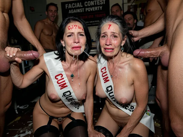 (polaroid bad quality photo, camera flash), slightly dark background, two old women 60yo with age face wrinkles surrounded of a group of rough old dirty ugly horny beggars with big cocks humiliating them, men laugh, but women cry.on her knees, (slim dirty old ragged beggars:1.3), (old beggars), constest different number wrote on the woman's forehead with red lipstick, There is a sign in the background with the text "FACIAL CONTEST AGAINST POVERTY", one of both has a sash across the chest with text wrote "CUM QUEEN 2026", only one cum queen, the winner is the cum queen, (age face wrinkles:1.2), short straight black hair, brown eyes, little natural tits, ass, black stockings, garter belts, high heels, thong, jewelry, pendant with jewel, ear rings, after a bukkake party, cum threads hanging from hair and face, men wanking and cumming all over her faces, cumshot, cum threads hanging from cocks, (face and hair full of thick cum:1.7), (messy facial, their faces are completely covered in cum, an excessive amount of cum is on their faces, hair and in their mouths, cum is dripping down on their chests:1.8), her hair is messy, humiliated, abused, crying, tired, shy, messy hair, her face is completely destroyed, in a dirty warehouse