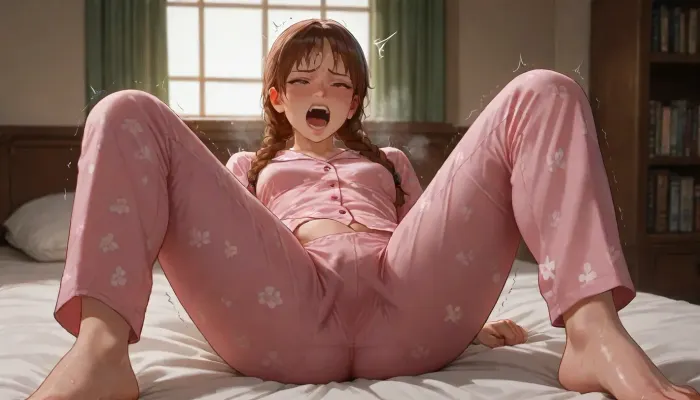 photorealistic, high quality, in room, furniture, window, bookshelf, woman, (brown braids), freckles, blushing, (plump:1.1), (small breasts), (sweaten floral pajamas), (pajama pants), lying on back, (on bed), bedroom, full body, full room view, masturbating, (sweating:1.2), (screaming:1.1), happy, (hand in pants), eyes wide open, orgasm, legs spread wide, (), (trembling)