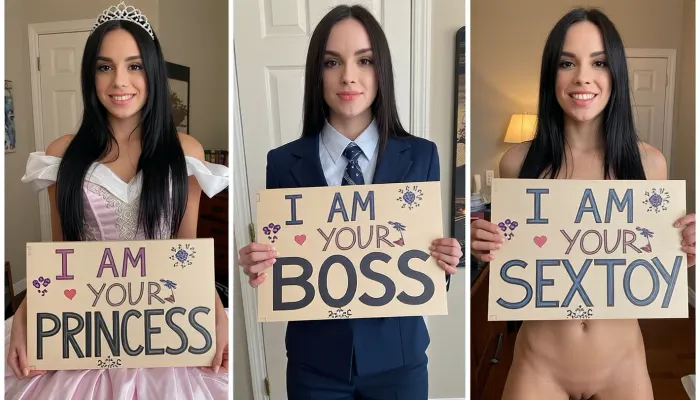 (side-by-side three pictures of a three photos of the same woman, 20yo with long black hair, standing), (On the first picture on the left she wears a princess dress with a tiara, and holds a handmade sign with text "I AM YOUR PRINCESS"), (On the second picture in the middle she wears an secretary, and holds a handmade sign with text "I AM YOUR BOSS"), (On the third picture on the right she seems very happy, she is naked, nude, and holds a handmade sign with text "I AM YOUR SEXTOY")
