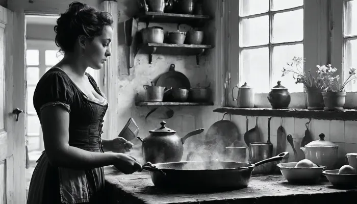 18 century, the young 18-year-old son exposes his malehood to his stepmother. She is working in the kitchen, she is excited as she realize his erection, FRESHIDEAS, Real, Photography, 2#, Black, and, white, art, black, shading, charcoal, toned, brutal, dark, b/w, color, scheme, <lora:FRESHIDEAS Real Photography 2#:.6>, <lora:Black and white art.V1:.1>, <lora:MJ52:.4>, <lora:add-detail-xl:.9>