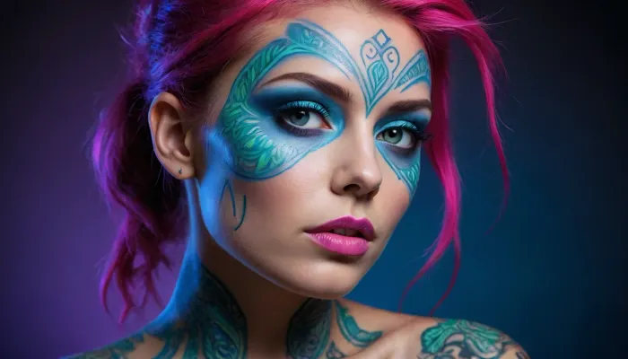 hyper-detailed, and emotionally evocative image depicting a human subject, (male or female), adorned with advanced UV-reactive tattoos and/or body art. The image must showcase the profound aesthetic and technical synergy between the subtle, often invisible, nature of these artworks in normal light and their vibrant, otherworldly luminescence under UV blacklight. The goal is to create a visually arresting narrative that highlights the transformative power of light on the human form, revealing hidden stories, intricate patterns, and a profound connection between art, body, and spectral energy. The subject should exude confidence, artistry, and an ethereal allure, with every luminous detail contributing to a cohesive, high-art aesthetic.
Light Sources, The primary illumination must be a precisely controlled, pervasive UV-A, (365nm), blacklight source, strategically positioned to activate the fluorescent properties of the body art and tattoos. Subtle, diffused neon light elements, (e.g., thin linear tubes, abstract shapes), may be used as background accents or to create soft rim lighting, but must not overpower the UV-induced glow. No other visible light contamination is permitted. The lighting should sculpt the subject's form and accentuate the contours of the body art.
Model, A human model female with a strong, artistic presence. Their pose should be intentional and expressive, emphasizing the flow and detail of the body art. The model's skin should be clean and well-prepared to maximize fluorescence.The subject must be adorned with, UV-Reactive Tattoos, Intricate, high-detail tattoos executed with specialized UV-reactive ink. These tattoos should be largely invisible or subtly present in normal light, but glow vividly, (e.g., electric blue, vibrant green, hot pink), under UV-A blacklight. The designs should be complex, artistic, and integrated with the body's anatomy.
UV-Reactive Body Art, Elaborate body paint or temporary applications using high-intensity fluorescent pigments. These designs should complement or extend the permanent tattoos, creating a layered spectral effect. Patterns could be geometric, organic, or narrative-driven.
Makeup, Minimalist, UV-reactive makeup, (e.g., fluorescent eyeliner, subtle glowing lip tint), that enhances facial features without distracting from the body art. Hair, Hair styled to complement the body art, possibly with subtle UV-reactive highlights or a slee