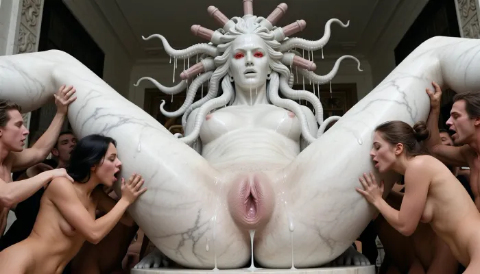 giant white marble statue The gorgon medusa with red eyes is sitting with her legs spread, (((showing a white huge stretched pussy))), cum drip from gaping anal. instead of hair, hundred there are long tentacles with hundred big penis heads on the head, from which many sperm drips. Many Nude womans with extasy face stand with pussy and deep insrtion fists in pussy The gorgon medusa. Fist fuck. Fisting statue
