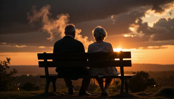 Masterpiece, ultra realistic cinematic editorial photography, low-key golden sunset exposure, opulent amber-orange grading, deep blacks, strong contrast, radiant rim light, chiaroscuro shadows, Old man with his old wife, Sitting on a bench watching sunset, smoke and dramatic clouds, 35mm look, analog grain, 8K photorealism, masterpiece quality