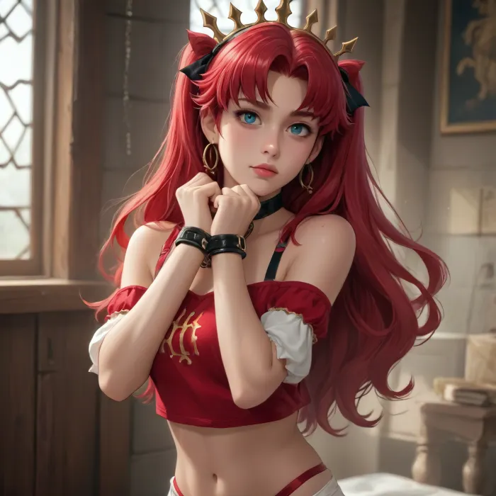 ishtar from fate/grand order dross style reiq meets, woman, A girl, wearing, Deep red velvet crop top with off-the-shoulder straps.Matching velvet high-waisted panties with cut-out details.Long satin gloves reaching above the elbow.Accessories, Leather bondage harness layered over the crop top, ankle cuffs connected with delicate chains, and a jeweled mask covering the eyes.