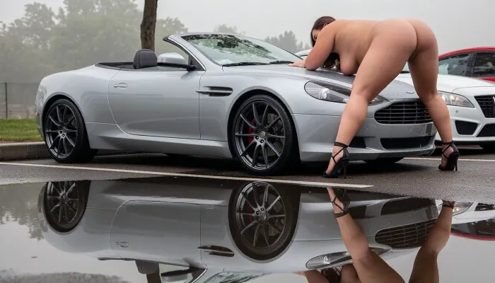 At a classic car show, eye level three quarter side perspective, the foreground is dominated by a pristine silver 2009 Aston Martin DB9 convertible, parked perfectly parallel to the curb, flawless deep metallic paint, black forged wheels, mirror-like reflections, the hero object of the composition, A large breasted fat woman with a large belly in front of the car wearing only black strappy stiletto high heels, she is bent over with her hands on the hood, her legs are spread wide apart, a perfectly still rain puddle reflects the Aston Martin, physically accurate lighting, volumetric fog, realistic reflections, ultra detailed textures, luxury magazine quality, razor sharp focus, subtle depth of field, photorealistic, 8K, indistinguishable from reality, Masterpiece, ultra realistic award winning editorial automotive photography, authentic full frame DSLR realism