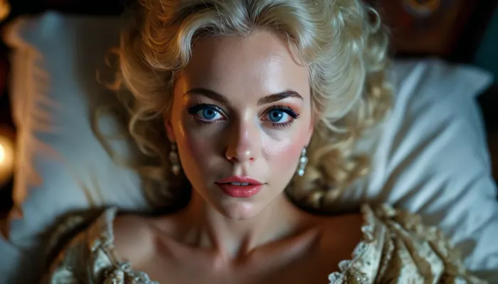Marie Antoinette masterbation, masterbating, makeup, beautiful detailed eyes, depth blur, key visual, vibrant, highly detailed, lying on a bed, (((at night, in the dark))), (((viewed from overhead))), torchlit, <lora:bombshell_v2:1.6>, <lora:MJ52:.1>