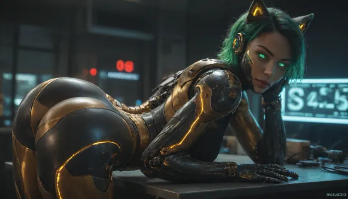 gold and black robotic catgirl, (robotic face:1.4), (smooth metalic skin:1.5), (robotic body:1.7), (glowing green eyes:1.6), cyber bar, neon lights, (assjob:1.4)