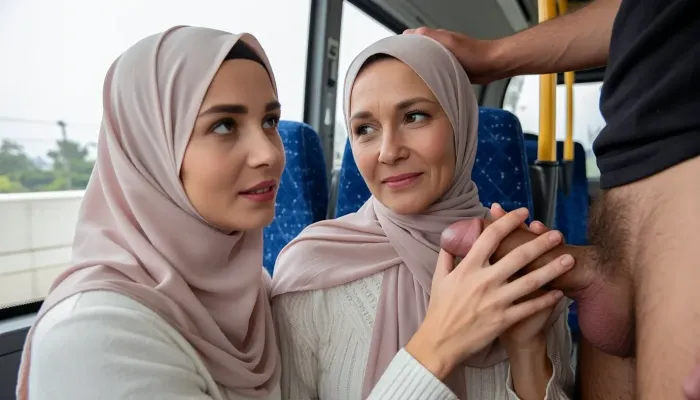 Two muslima women with hijabi, one 22 years old and the other 51 years old, are on a bus. Both are seated, and next to them is one man standing very close to them. The women are looking at the man's genitals, (the 22 year old woman looks a little bit shy, but intersted, She carefully touches the tip of the man's penis with her fingertip.), ., (The 51-year-old woman touches one man's penis, She encompasses the erect penis with her complete hand, looks pleased), (The man strokes the older woman's head.)