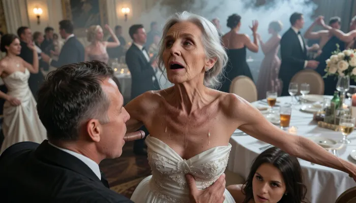 90 years old granny, most wrinkled body, most wrinkled pussy, most wrinkled face
The old man secretly fucks the drunk bridesmaid 90 years old, at the wedding, everyone is dancing, and no one sees it, wears an elegant white dress, looking up, sweaty, disheveled hair, (man looks down to her:1.4), she hides under the table, several drunk party guests dancing in the blurred background, ballroom, shot from above, haze of cigar smoke in the air, filled with dust and smoke, cinematic moody lighting, tense but charismatic atmosphere, crowd, of, people, cloudy, smoke, atmospheric, clouds, fog