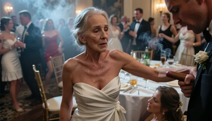 90 years old granny, most wrinkled body, most wrinkled pussy, most wrinkled face
The old man secretly fucks the drunk bridesmaid 90 years old, at the wedding, everyone is dancing, and no one sees it, wears an elegant white dress, looking up, sweaty, disheveled hair, (man looks down to her:1.4), she hides under the table, several drunk party guests dancing in the blurred background, ballroom, shot from above, haze of cigar smoke in the air, filled with dust and smoke, cinematic moody lighting, tense but charismatic atmosphere, crowd, of, people, cloudy, smoke, atmospheric, clouds, fog