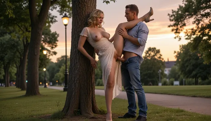 (((ultra-realistic photo taken according to all the rules of photographic composition:1.5))), (atmospheric lighting and the setting of a summer park at sunset), (beautiful sky at sunset), . A warm summer evening, sunset, the streetlights are not on yet, a park, (a man and a woman are standing by a tree, next to a path), ., (The woman is standing with her back against the tree, she has raised her leg up. In front of the woman is a man with his jeans down and an erect penis, he threw the woman's leg over his shoulder and inserted his penis into the woman's vagina.), (The woman is 30 years old, a slender, well-groomed blonde with shoulder-length curly hair, with pleasant features, a rounded, voluminous bottom), (the woman is wearing a light, plain long lace dress with a deep neckline and short sleeves, elegant shoes with high, thin heels), (the woman's mouth is slightly open and her head is slightly tilted down), ((the woman's breasts with large, erect nipples are visible from the neckline)), ((A man, 40 years old, wearing a shirt with rolled-up sleeves, jeans, and men's black shoes), ., ((The camera pans across a park, with a woman standing next to a tree with her back against it, leaning her back against it. A man stands in front of the woman with the woman's leg thrown over his shoulder and inserts his penis into the woman's vagina)), ((The woman is holding onto a tree behind her with her hands:1.5)), ((The man is holding the woman's raised leg with one hand, and with the other hand is touching her bare breast:1.5)), ((Ultra-realistic park)), ((Ultra-realistic standing sex scene)))