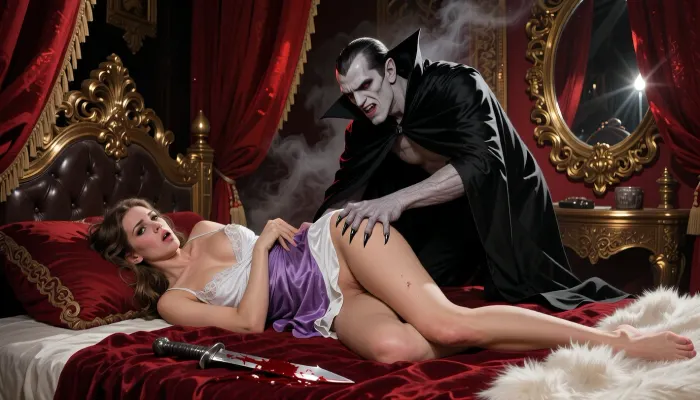 A gaunt, pale vampire in a black cloak looming over a reclining woman on an opulent bed, the woman partially draped in a disheveled white and purple nightgown, tense and startled, the vampire's expression a predatory grimace, one clawed hand gripping fabric at her hip. Rich baroque setting with heavy crimson curtains, an ornate gilded mirror catching dim reflections, a blood-stained dagger lying on velvet beside them, a white fur throw at the foot of the bed. Intense chiaroscuro lighting, cinematic spotlighting from the left, deep shadows and saturated reds and golds, glossy impasto brushstrokes, vintage 1960s pulp paperback illustration style, hyper-detailed textures in skin, fabric and metal, dramatic composition on a diagonal, moody atmospheric smoke and subtle film grain, painterly highlights and reflections, high contrast, evocative and tense gothic mood.