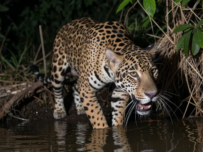 A giant Jaguar, strawling through the Jungle at night, a calm river flows beneath His Position, cinematic shot, dynamic lighting, 75mm, Technicolor, Panavision, cinemascope, sharp focus, fine details, 8k, HDR, realism, realistic, key visual, film still, cinematic color grading, depth of field.