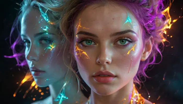 Blacklight editorial photography, tight composition on a massive crystal shard reflecting all three figures — Kael, Kael-Echo, and Vesh. Their colors blur and blend in the reflection, cyan-orange, violet-amber, magenta-green, repeating smaller into a dizzying vanishing point. Every facet of the crystal throws hyper-saturated color in overlapping fractals. Moody black background, glowing pigment, surreal infinite symmetry., 4ng3l, face, glowneon, glowing, sparks, lightning, blacklight, photography, as, a, street, fighter, character, Shattered, glass, reflecting, vibrant, hues, dances, in, an, ethereal, swirl, <lora:SDXL_BetterFaces-LoRA_v1:.1>, <lora:glowneon_xl_v1:.1>, <lora:dare_blacklight_dances:.1>