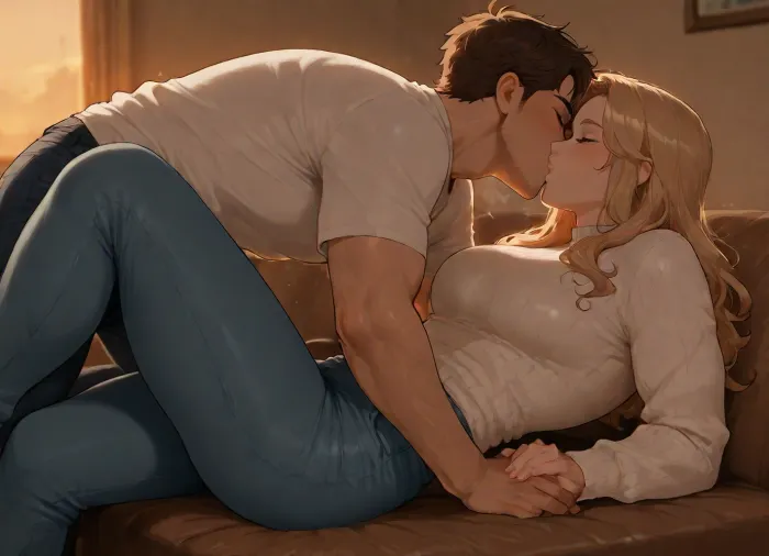 couple kissing on a couch woman leaning over man, white woman wavy blonde hair sweater and jeans, athletic young man long wavy brown surfer hair and stubble beard white shirt, toned arms, (kiss), sunset golden hour lighting, kiss detail, <lora:Incase_Style__SDXL:1.3>, <lora:AfrobullPony2-000016:1.3>