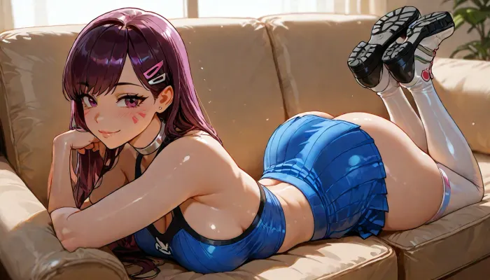 d.va from overwatch 30 year old, pose is prone flat laying on her stomach, thick fuck me boots, (((perfect face with symmetrical eyes))), athletic fit toned body laying down on sofa lounge, sultry joyful action, sultry smile, blue tight halter top, with tight white extremely short miniskirt, long stockings, backlight., Long flowing purple hair with hair clips, (High, Resolution), (More, Details), (8K), volumetric lighting, <lora:MJ52:1>, <lora:outline_xl_kohaku_delta_spv5x:.8>, <lora:attractive_notrigger:1.1>, <lora:detailed_notrigger:1.8>, <lora:LCMTurboMix_Euler_A_fix:.9>