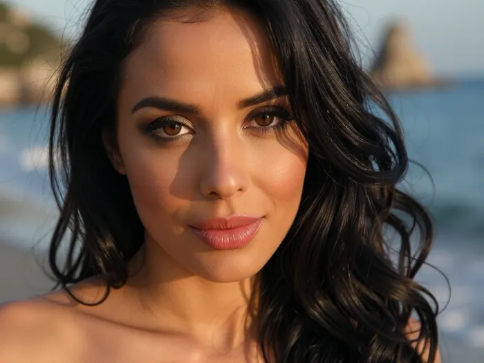 (sensual woman, Italian woman, rich warm deep olive skin tone:8), (enticing sultry smile, sensual pose, suggestive expression), (glossy black hair, thick luxurious hair, long hair with soft curls), (thick full lips, soft lips with pillow creases:2), (alluring eyes, dark sultry eyeshadow, long eyelashes, fucking you with her eyes:4), (flattering golden-hour portrait on a stunning Mediterranean beach), (flattering soft focus on lips, vintage analog lens)